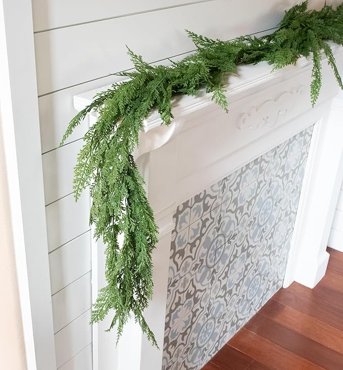 6ft Real Touch Cedar Garland Artificial Realistic 6 ft, Faux Cedar Garland Realistic, Realistic Christmas Garland for Mantle, Stairs, Table, Fireplace Real Touch Garlands Fireplace