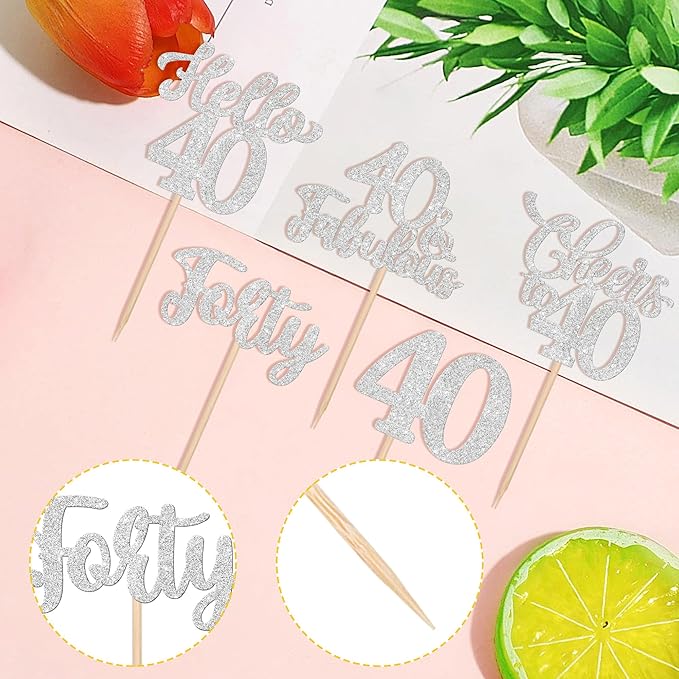30PCS Happy 40th Birthday Cupcake Toppers Glitter Hello 40 Fabulous Forty Cheers to 40 Years Old Birthday Cupcake Picks for Happy 40th Birthday Anniversary Party Cake Decorations Supplies Silver