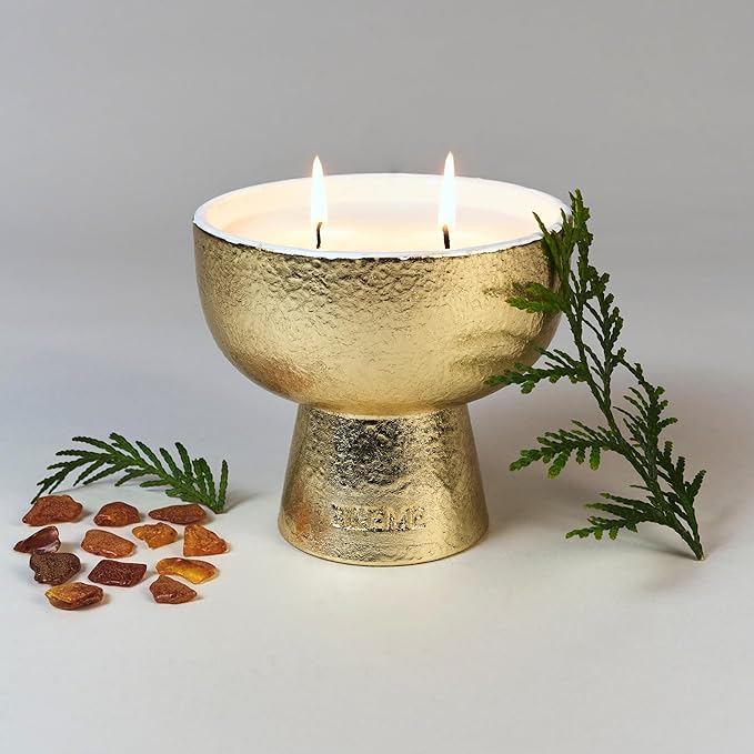 2025 Gold Holiday Candle | Festive - Noble Fir & Amber (Medium), Refillable Wellness, Essential Oil, Sustainable, Hand Finished and Poured, Premium, Luxury Ceramic, Natural Cotton Wick, Soy-Wax Blend