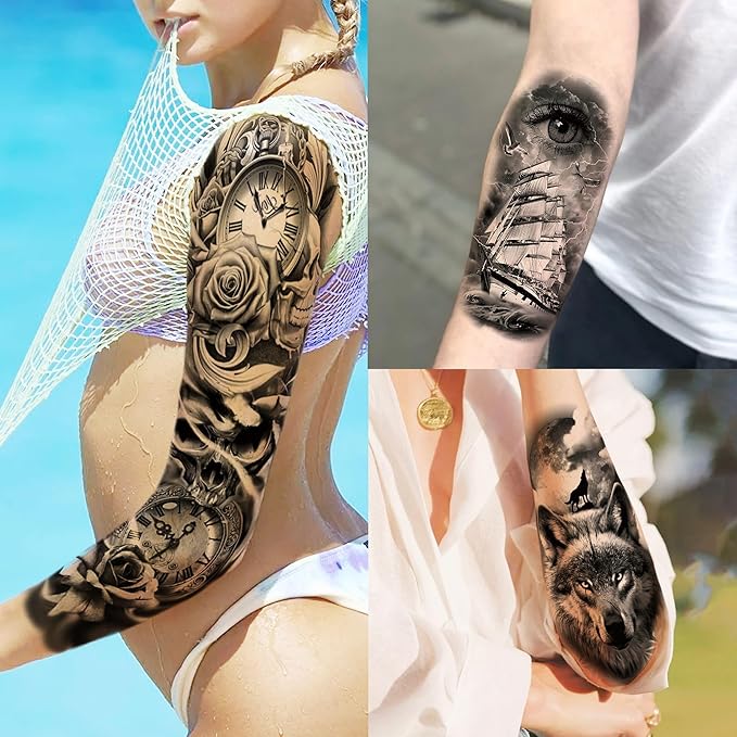20 Sheets Cool Wolf Lion Tiger Full Arm Temporary Tattoos For Men Adults Thigh, Skull Nun Maori Flower Fake Sleeve Tattoo For Women, 3D Bulk Black Tribal Eye Halloween Clock Christ Tattoo Stickers