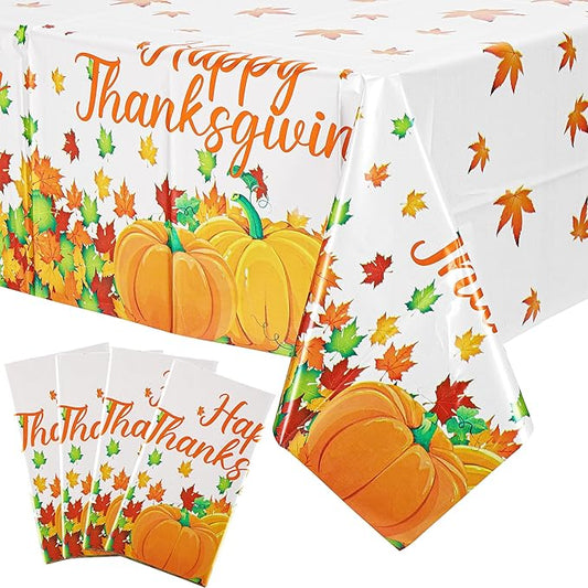 Mornajina 4 Packs 108 x 54 Inch Thanksgiving Fall Tablecloth Plastic Autumn Maple Leave Pumpkin Disposable Table Cover for Autumn Thanksgiving Party Table Decoration (Pumpkins)