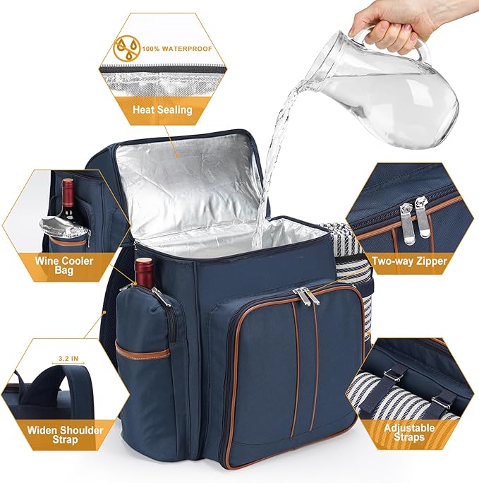 Picnic Backpack for 4,Picnic Basket Set,Leakproof Picnic Bag,Beach Cooler Backpack with Insulated Cooler Wine Pouch,Picnic Blanket, Double Deck Picnic Backpack for Beach,Camping,Park(Navy Blue)