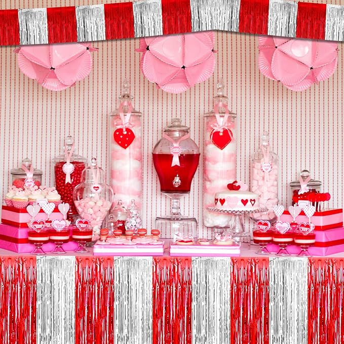 6 Pack 10 Feet Foil Fringe Garland Metallic Tinsel Streamers Banner Wall Hanging Backdrop for Parade Floats, Bachelorette, Circus Welcome Carnival Birthday Party Decorations(Silver Red)