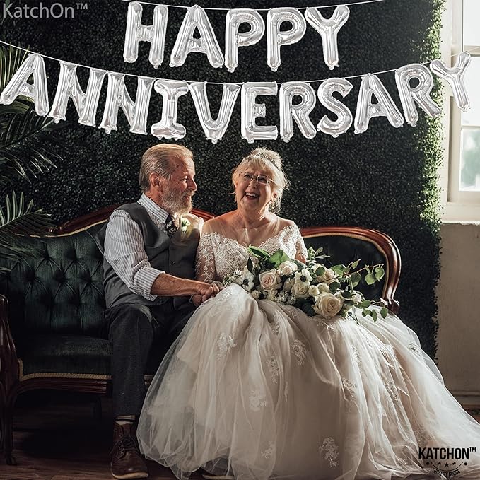 KatchOn Balloons - Letters 'Happy Anniversary' 16 Inch | Banner, Backdrop & Balloon Banner for Silver Anniversary Decor