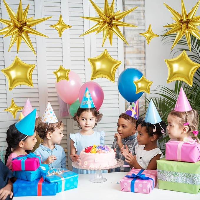 16 Pcs Gold Star Balloons, 22/18/10 Inch Foil Balloons, Four-Pointed Balloon for Kids Birthday Graduation Celebration Wedding Baby Shower 16 Pcs Decorations