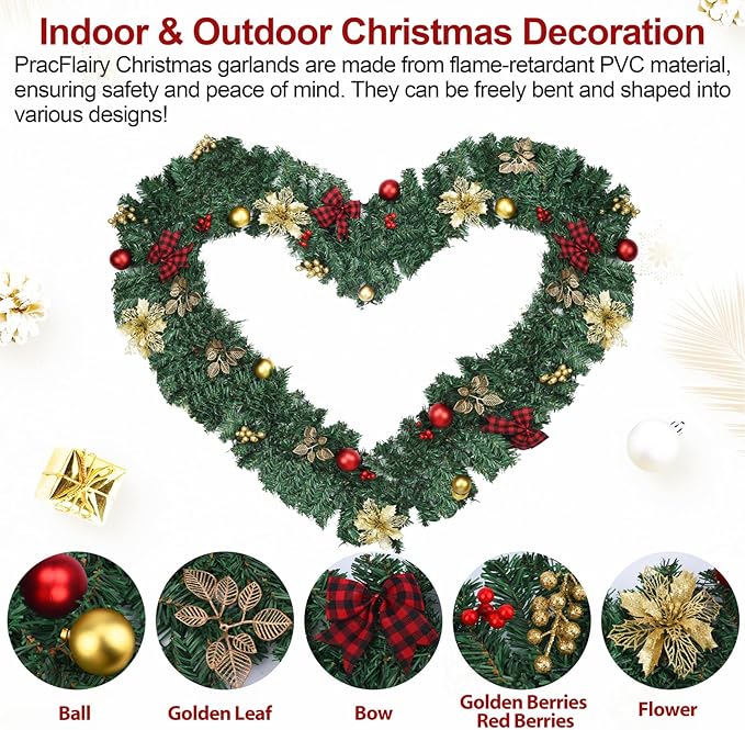 9FT Christmas Garland with Lights, Pre-Lit Garland for Christmas Decorations with, Bows, Berries, Balls, Flowers, Leaves, 50 LED Lights，Battery Powered Outdoor Indoor Christma Decorations