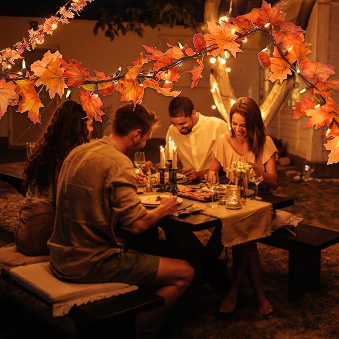 GAGALIFE Thanksgiving Decorations Fall Garland with Lights, 50 Warm Bulbs with Mini Pumpkins - 11FT Connectable Fall Lights Outdoor & Indoor, Realistic Maple Leaf String Lights for Fall Decor