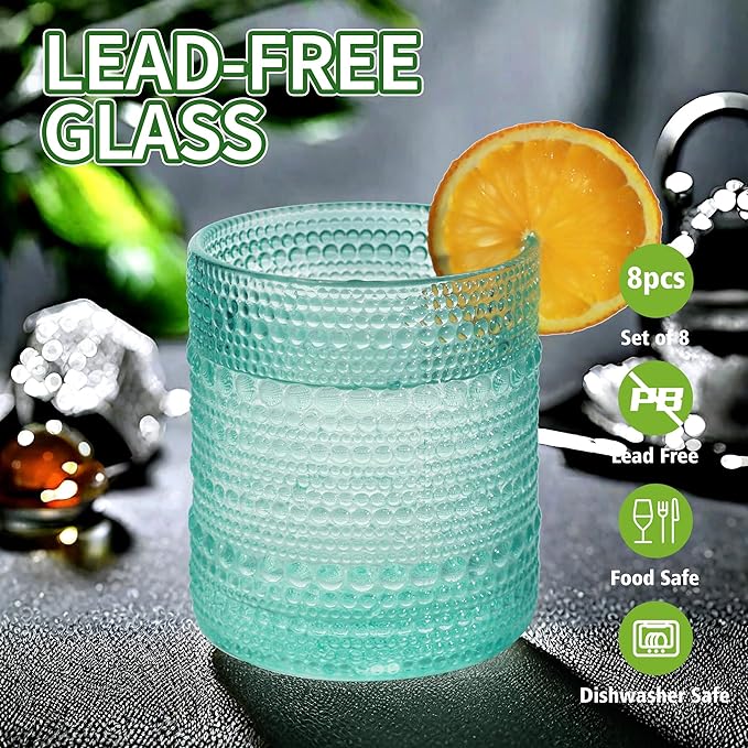 Vintage Hobnail Driinking Glasses Set, Glassware Drinking Set of 8, 12 oz Highball Glasses & 10 oz Cocktail Glasses, Tumbler Glasses for Cocktails, Whiskey, Juice, Milk