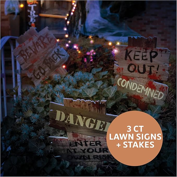 50 Piece Halloween Decorations Outdoor Set, All Included Decor Kit, Hanging Skeleton Ghost, Purple & Orange String Lights, Spider Webs, Creepy Cloth, Caution Tape, Pumpkin Lights, Yard & Door Signs