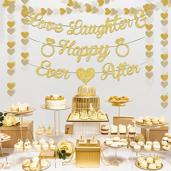 Vlipoeasn Champagne Gold Engagement Party Decorations, Just Engaged Supplies for Couple Includes 12" Gold & White Latex Balloons, Diamond Ring Foil Balloon, Cake Toppers, Paper Pompom