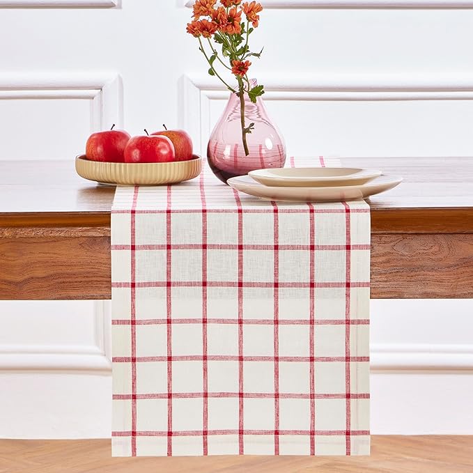 Solino Home Linen Table Runner 48 Inches - 100% Pure Linen Windowpane Tofu/Red Table Runner 14 x 48 Inch Ideal for Dresser and Coffee Tables - Christmas, Xmas