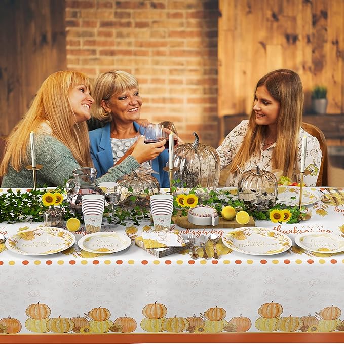 ATFUNSHOP Thanksgiving Tablecloth 2 Pack 54" X 108" Disposable Fall Table Cover Party Supplies Pumpkins Autumn Leaves Water Proof Plastic Table Cloth for Thanksgiving Decoration Dinner Party