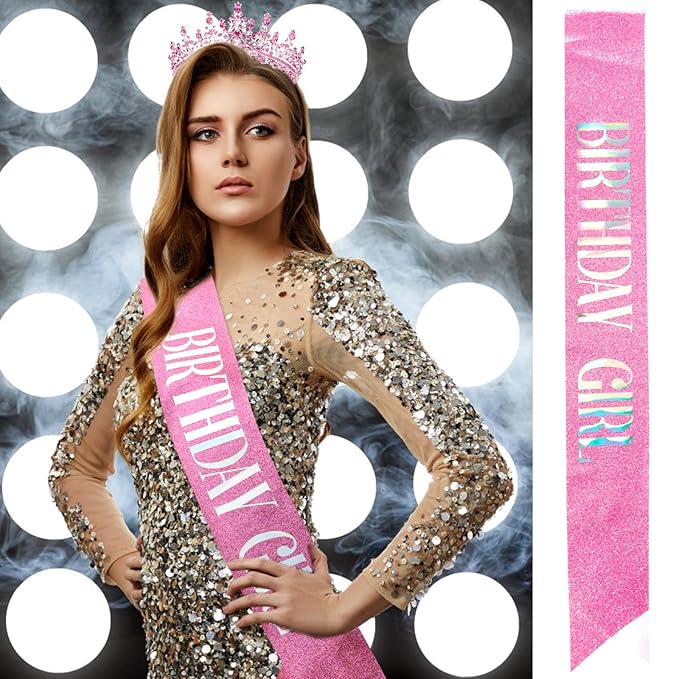 Velscrun Pink Crystal Birthday Tiara Crowns for Women Girls Elegant Princess Crown with Combs Birthday Girl Headband Sash Happy Birth Party Decorations Birth Gift Cake Topper Hair Accessories