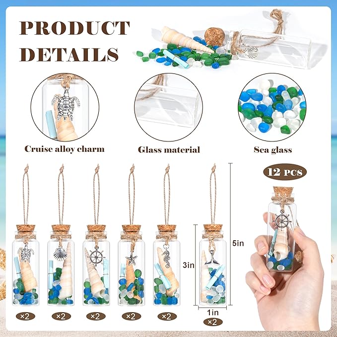 12Pcs Coastal Christmas Ornaments Set -Beach Shells Glass Bottles Keepsake with Mini Scrolls, for Home Christmas Tree Hanging Ornaments, Beachy Coastal Nautical Decor, Wedding Baby Shower Party Favors