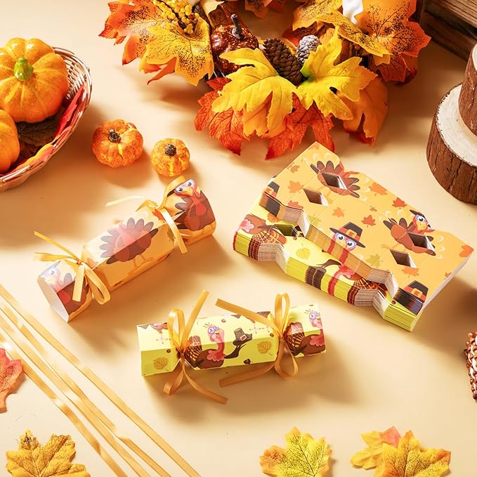 Xinnun 50 Packs Thanksgiving Cracker Kit No Snap Party Table Favors Pumpkin Maple Leaf DIY Thanksgiving Party Cracker Candy Boxes for Holiday Dinner Decoration Gift(Turkey)