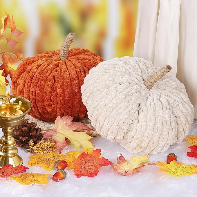 2pcs Faux Pumpkins Fall Harvest Fabric Plush Pumpkin Thanksgiving Halloween Decor for Table Centerpiece Farmhouse (Beige Orange)