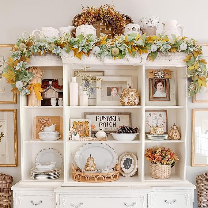 Fall Mantel Garland Decor for Home -5.8 Ft Autumn Leaves Table Garlands with Lights Decorations for Thanksgiving and Halloween Leaf Centerpieces for Bedroom Tables Stair Porch Outdoor Farmhouse