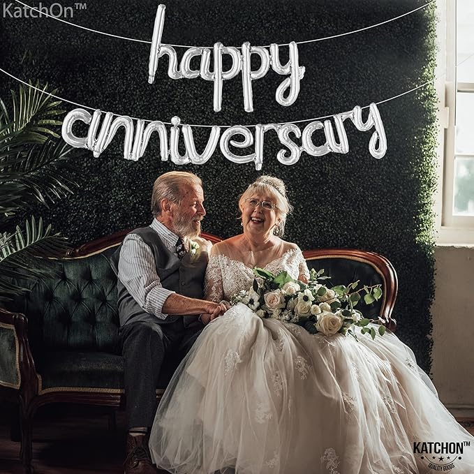 KatchOn Happy Anniversary Balloons - 16 Inch Silver | Banner for Decorations | Cursive Balloon for Party Decorations