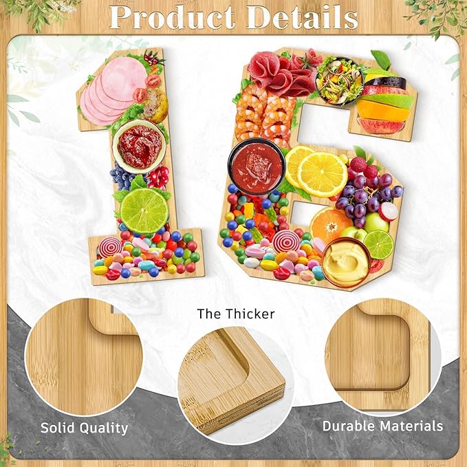 Brainy 16th Birthday Party Supplies Trays Wooden Serving Tray Sweet 16 Wooden Number 16 for Charcuterie Decorative Tray for 16th Birthday Anniversary Party Decorations Chocolate Candy Containe