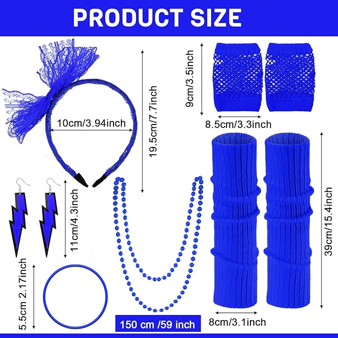 Handepo 19 Pcs 80s Costume Accessories Holographic Fanny Pack Leg Warmers Lace Headband Earrings Gloves Necklace Bracelet