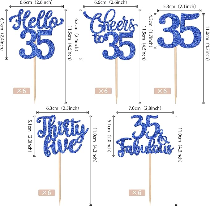 30PCS Happy 35th Birthday Cupcake Toppers Glitter Hello 35 Fabulous Thirty Five Cheers to 35 Years Old Birthday Cupcake Picks for Happy 35th Birthday Anniversary Party Cake Decor Supplies Blue