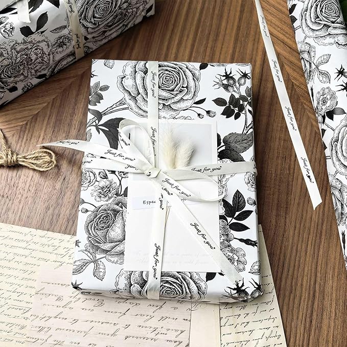YXTII Black and White Wrapping Paper with Cut Lines, Flower Gift Wrap for Birthday, Wedding, Baby Shower, Valentines, Christmas, Bridal Shower, 17 Inches x 9.8 Feet, Mini Roll