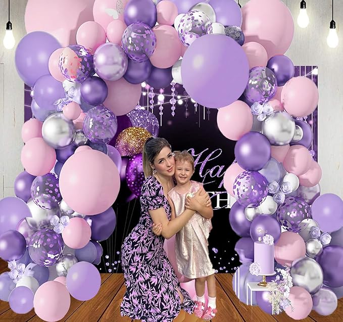 Purple Balloons Garland Arch Kit,131pcs Pink Purple Confetti Balloons with Silver Ballons for for Girl Baby Shower Birthday Wedding Anniversary Party Decorations