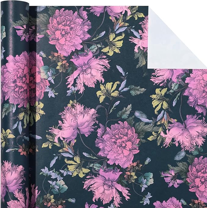 WRAPAHOLIC Kraft Floral Wrapping Paper Roll - Mini Roll - 17 Inch x 16.5 Feet - Vintage Flower Wrapping Paper Perfect for Wedding, Birthday, Bridal Shower, Tea Party