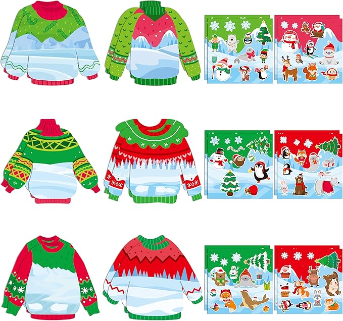 CY2SIDE 12 Set Christmas Ugly Sweater Scene Sticker Art Craft for Kids, Make A Winter Sweater Scene with Penguin Sticker, DIY Xmas Party Games for School Classroom Activities
