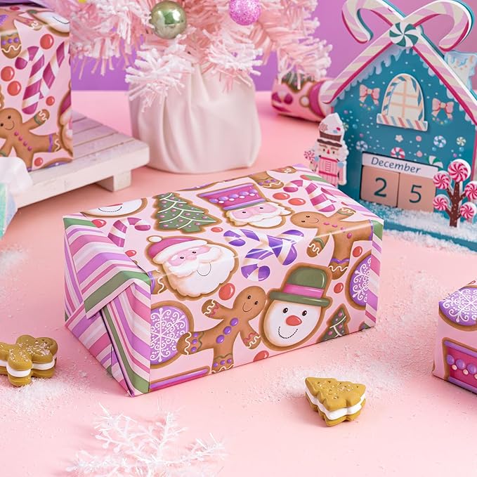 WRAPAHOLIC 30 Inch Jumbo Reversible Gingerbread Christmas Wrapping Paper - 30 Inch x 33 Feet - Pink Purple Stripes and Gingerbread Wrapping Paper for Xmas Holiday, Party Celebration