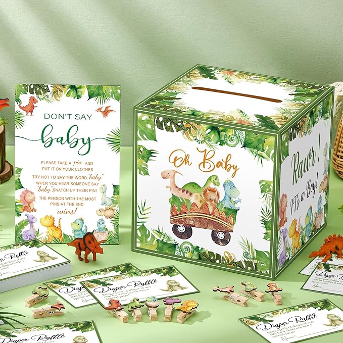 102 Pcs Baby Shower Game Supplies Diaper Raffle Tickets with Diaper Raffle Card Box Don't Say Baby Sign Mini Clothespin Baby Shower Game Decor for Baby Shower Gender Reveal(Dinosaur)