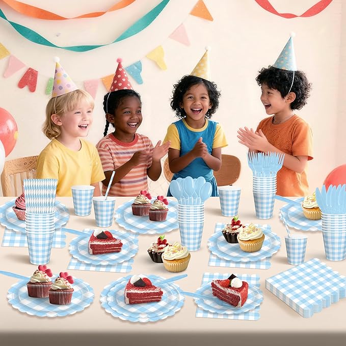 192 PCS Gingham Party Supplies Serve 24 Guests Gingham Plates and Napkins and Cups for Birthday Decorations Baby Shower Checkered Party Supplies Dinnerware Sets for Girl Boy Light Blue