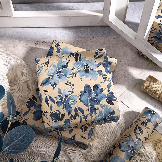 RUSPEPA Blue Floral Wrapping Paper Roll, 17 in x 16.4 ft, Mini Roll, Indigo Gift Wrap, Watercolor Flower Kraft Wrapping Paper Roll for Girls, Women, Spring, Wedding and Birthday