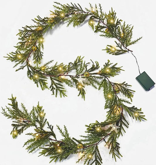 6FT Artificial Christmas Garland, Faux Evergreen Garland with Golden Bell and Star, Pre-lit Battery Operated with Timer for Indoor Outdoor Party Holiday Decor