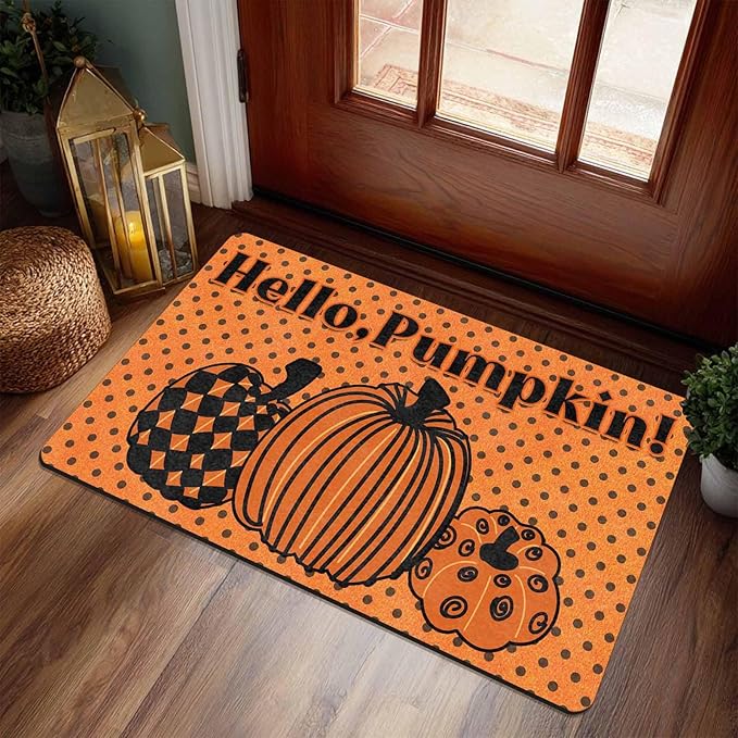 Fall Welcome Maple Leafs Decorative Door Mat, Autumn Thanksgiving Doormat for Indoor Outdoor Entrance Floor Mats,Fall Pumpkins Non Slip Harvest Vintage Decor Rubber Welcome Mats 30" x 18" Inch
