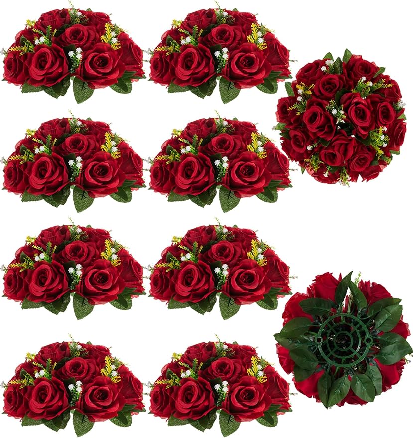 BLOSMON Flower Centerpieces for Tables Wedding: 10 Pcs Crimson Red Artificial Rose Flowers Balls Decoration - 9.5 Inch Fake Silk Kissing Floral Arrangement for Home Party Event DIY Decor