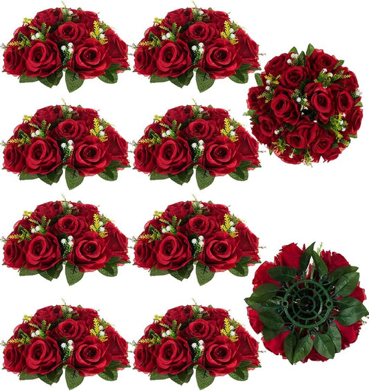 BLOSMON Flower Centerpieces for Tables Wedding: 10 Pcs Crimson Red Artificial Rose Flowers Balls Decoration - 9.5 Inch Fake Silk Kissing Floral Arrangement for Home Party Event DIY Decor