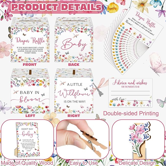 102 Pcs Baby Shower Game Supplies Diaper Raffle Tickets with Diaper Raffle Card Box Don't Say Baby Sign Mini Clothespin Baby Shower Game Decor for Baby Shower Gender Reveal(Wildflower)