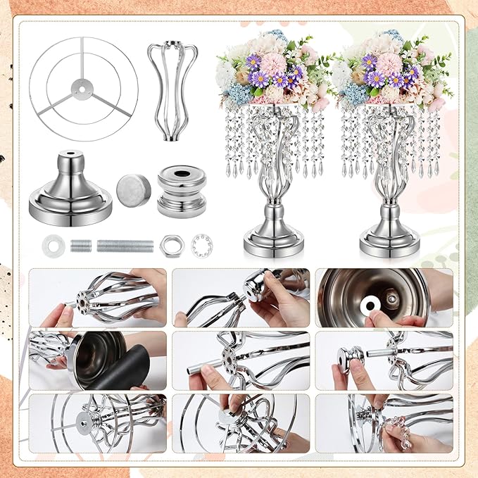 16 Pcs Wedding Centerpieces for Tables, Gold Silver Vase Centerpiece with Chandelier Crystal Metal Flower Stand, Tall Flower Vases for Wedding Party Home Decoration(Silver,12.6)