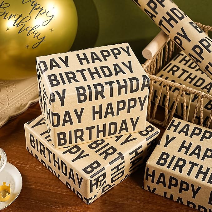 WRAPAHOLIC Kraft Birthday Wrapping Paper Roll - Mini Roll - 17 Inch x 33 Feet - Black Happy Birthday Wrapping Paper for Men Women Party Celebration