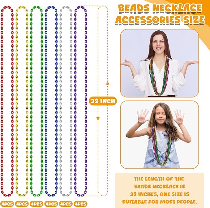 24PCS Mardi Gras Beads, Metallic 6 Kinds of Color Bead Necklaces, Aesthetic 32" Oval Necklaces Costume Beaded Party Favors, Festival Parade Throw Accessories for Wedding Birthday Party Favors Decor