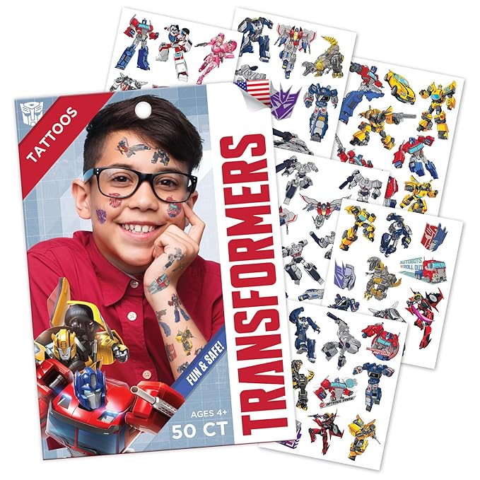 Transformers Temporary Tattoos for Kids (50 pack). Made in the USA w Certified Safe Ink. Birthday Party Supplies and Party Favors Kit. Bulk Temporary Tattoos Stickers Set for Girls and Boys.