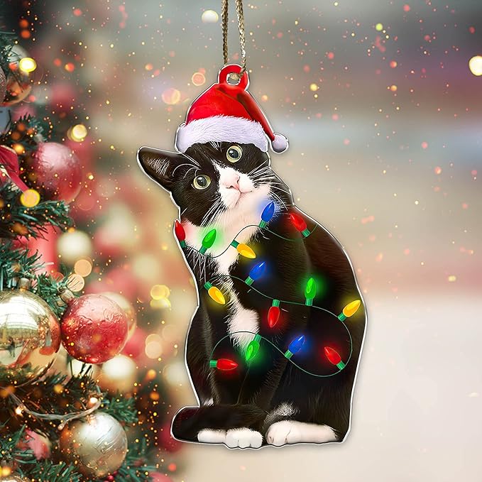 Tuxedo Cat Christmas Acrylic Ornament – Black and White Cat Ornament, Customizable with Name - Easily Add Name with Marker (Marker Not Included)