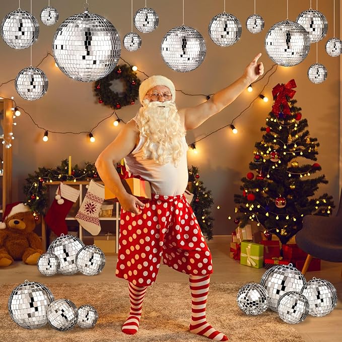 Hoolerry 200 Pcs Mini Mirror Disco Ball Ornaments Mardi Gras Small Silver Hanging Decorations Reflective Tiny Balls Bulk for 70s 80s 90s Disco Party, Christmas Tree(8'', 6'', 4'', 3'', 2,'' 1'')