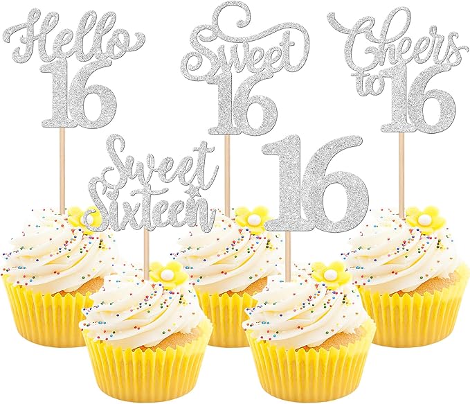 30PCS Happy 16th Birthday Cupcake Toppers Glitter Sweet Sixteen Hello 16 Cupcake Picks Cheers to 16 Birthday Decorations for 16th Birthday Anniversary Party Cake Decoration Supplies Silver
