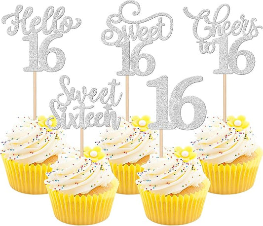 30PCS Happy 16th Birthday Cupcake Toppers Glitter Sweet Sixteen Hello 16 Cupcake Picks Cheers to 16 Birthday Decorations for 16th Birthday Anniversary Party Cake Decoration Supplies Silver