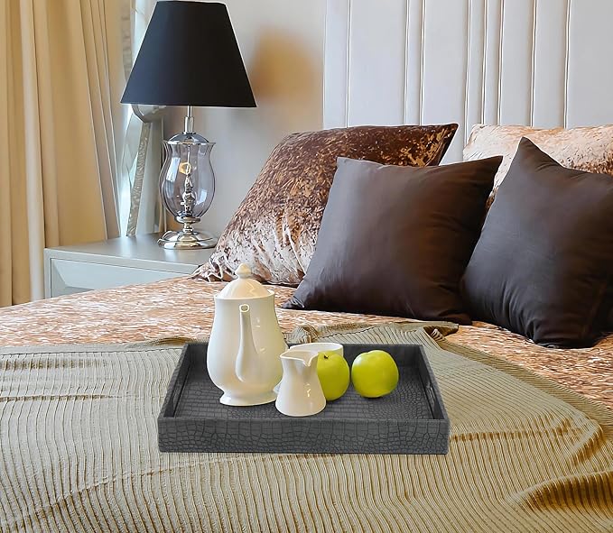 HofferRuffer Rectangle Serving Tray with Hole Handles for Coffee Table, Breakfast, Tea, Food, Butler - Countertop, Kitchen, Vanity Serve Tray, 16.2 x 12.2 x 2 inches, Faux Leather Tray (Dark Grey)