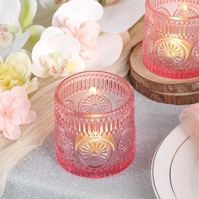 6Pcs Large Votive Candle Holders Pink Glass Tealight Candle Holders for Wedding, Table Centerpiece, Party, Birthday, Home Decor