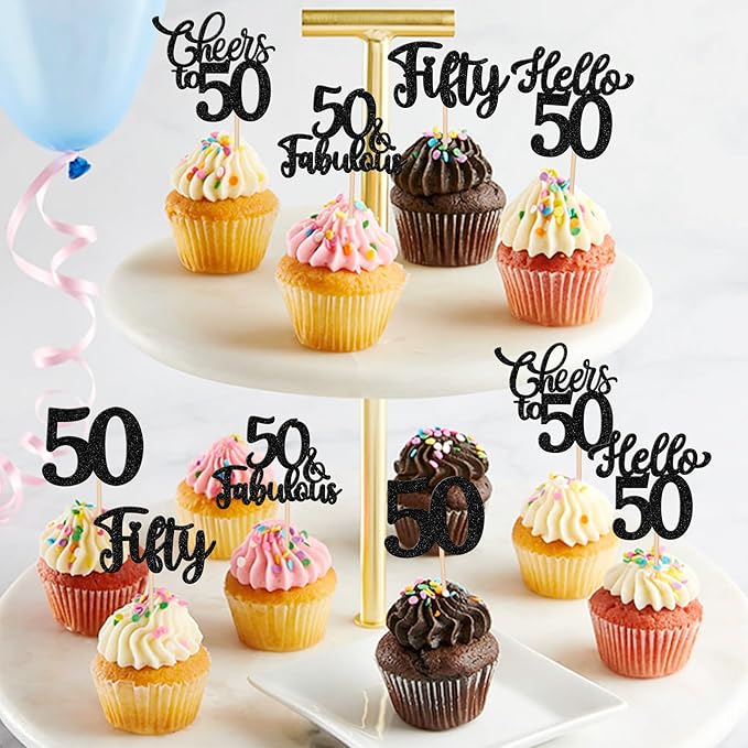 30PCS Happy 50th Birthday Cupcake Toppers Glitter Hello 50 Fabulous Fifty Cheers to 50 Years Old Birthday Cupcake Picks for Happy 50th Birthday Anniversary Party Cake Decorations Supplies Black