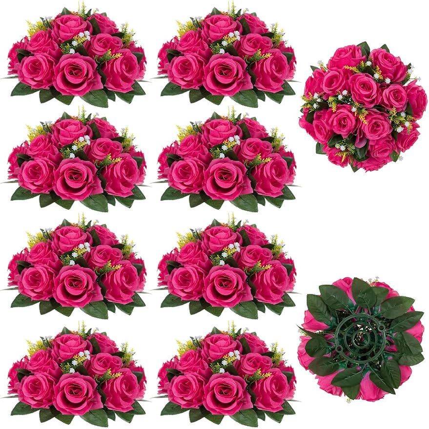 BLOSMON Hot Pink Flowers for Wedding: 10 Pcs Artificial Rose Balls for Table Decorations - Fake Silk Kissing Bouquet Floral Arrangement for Home Party Event Decoration